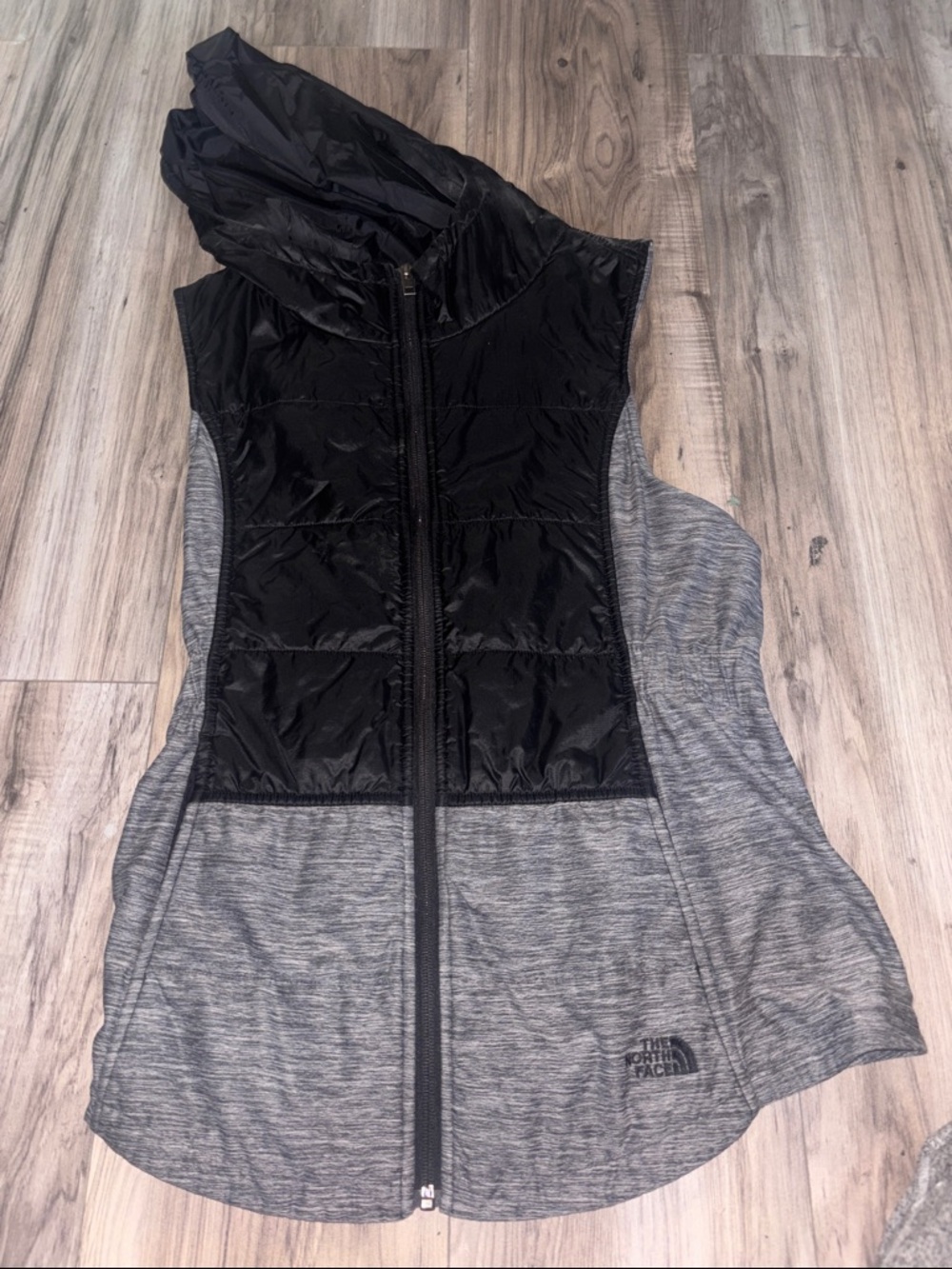 The North Face Black and Gray Quilted Hooded Vest-Style Layer